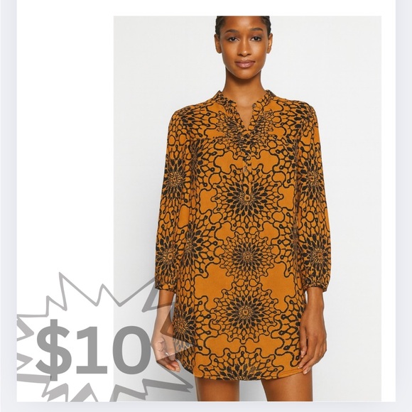 Fossil Silk Fractal Print Shift Mini Dress M Brown and Black - Picture 1 of 16